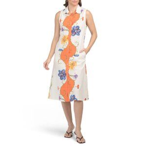 SPIGHE DI LINO Italy Linen Blend Sleeveless Floral Shirt Dress